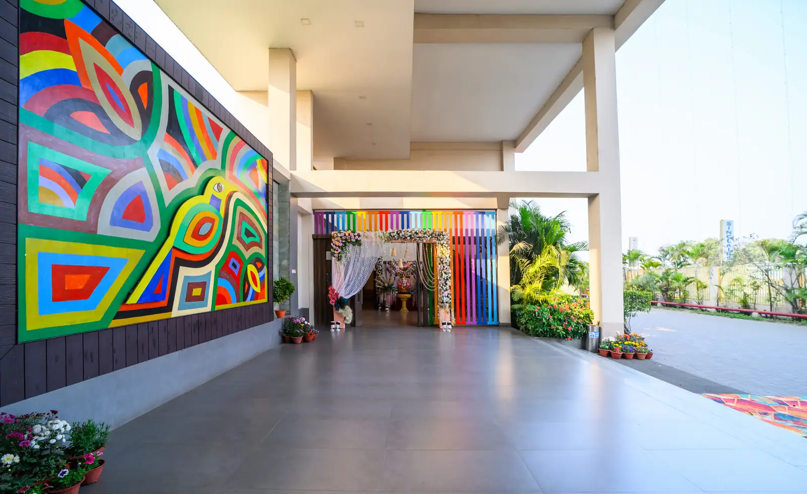 The resort's colourfully muralled entrance porch, decorated for an event