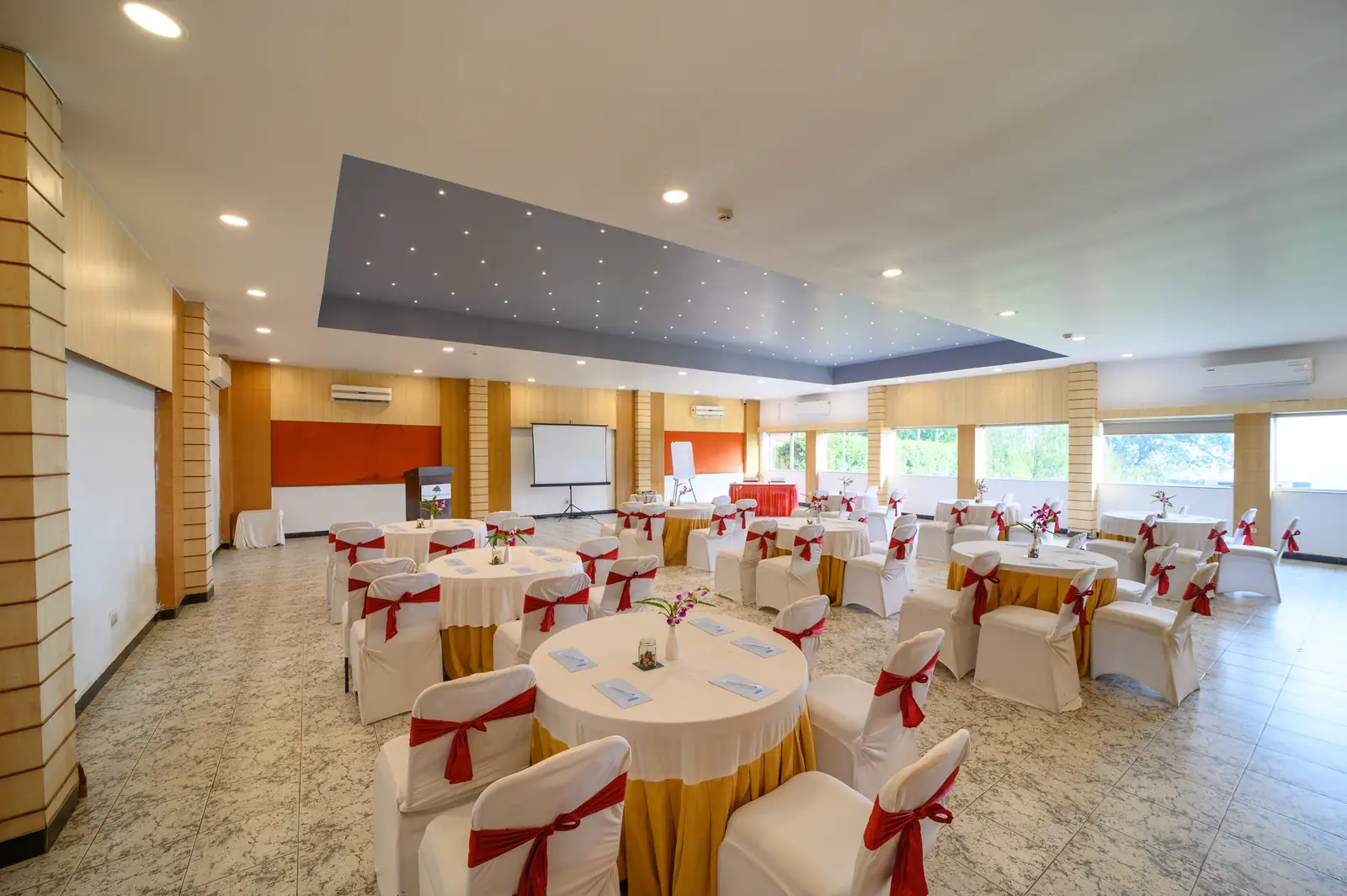 The Hibiscus banquet hall set for a corporate meeting