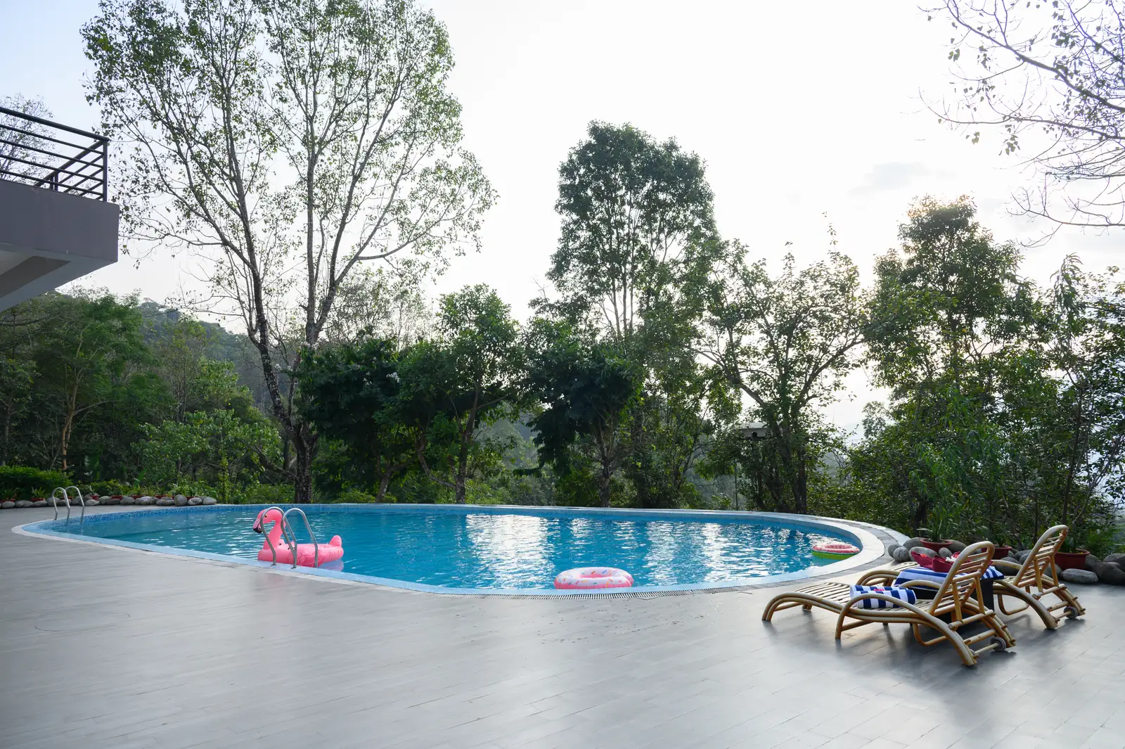 Outdoor swimming pool set against the forested hillside