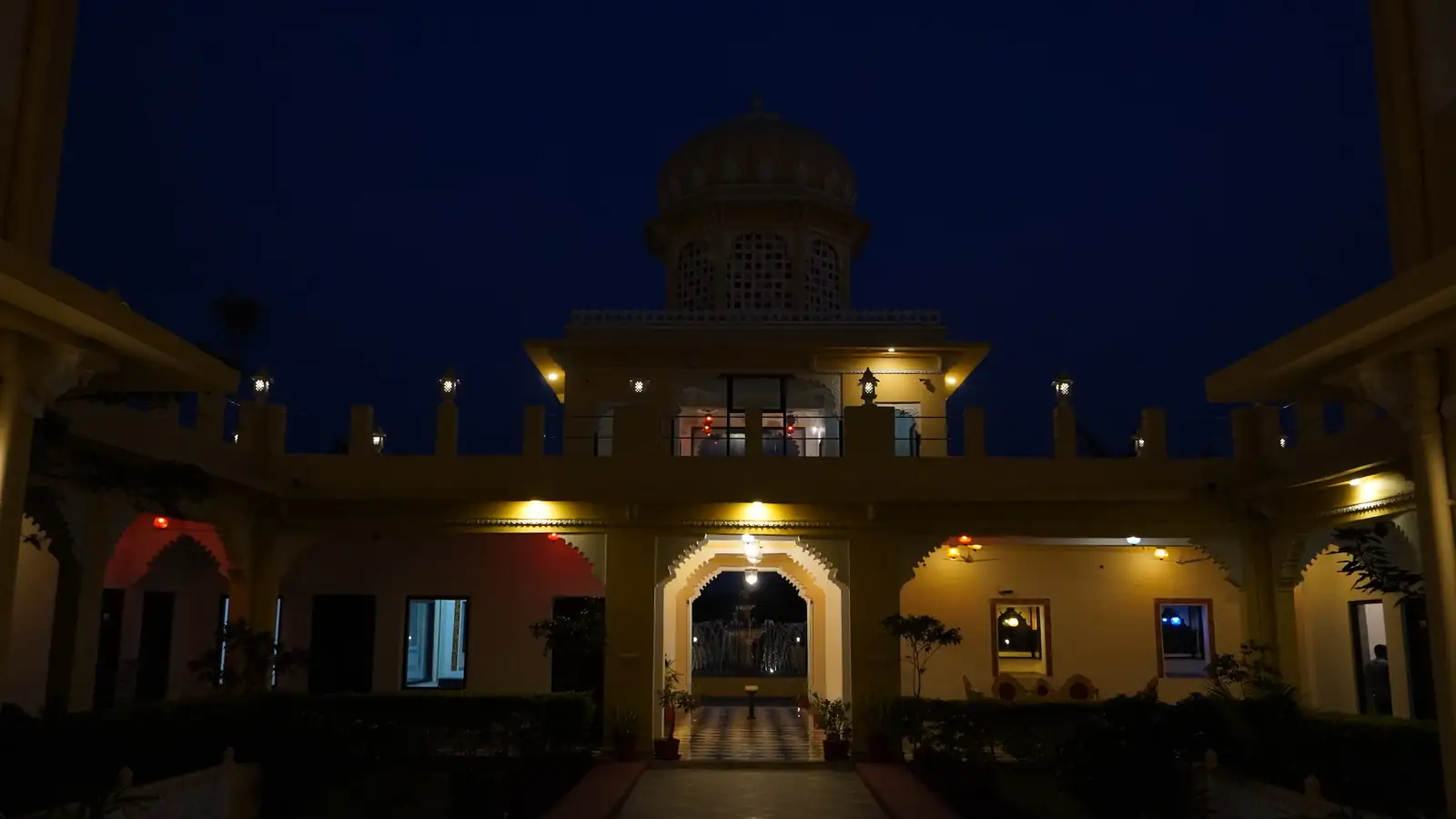 The palace's central domed courtyard lit up at night